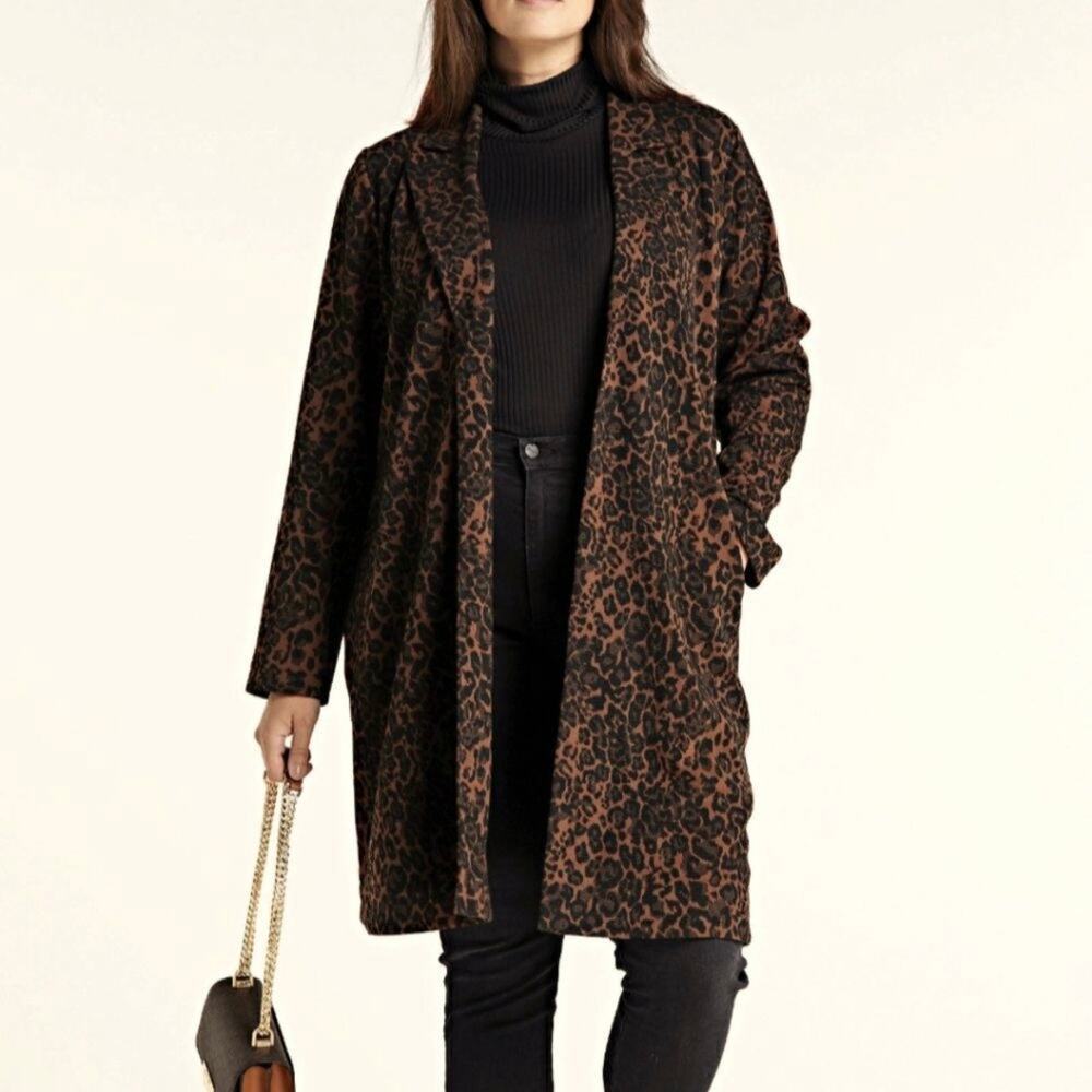NWT Yesta Animal Print Open Front Knit Jacket Size 16 Longline Pockets Collared